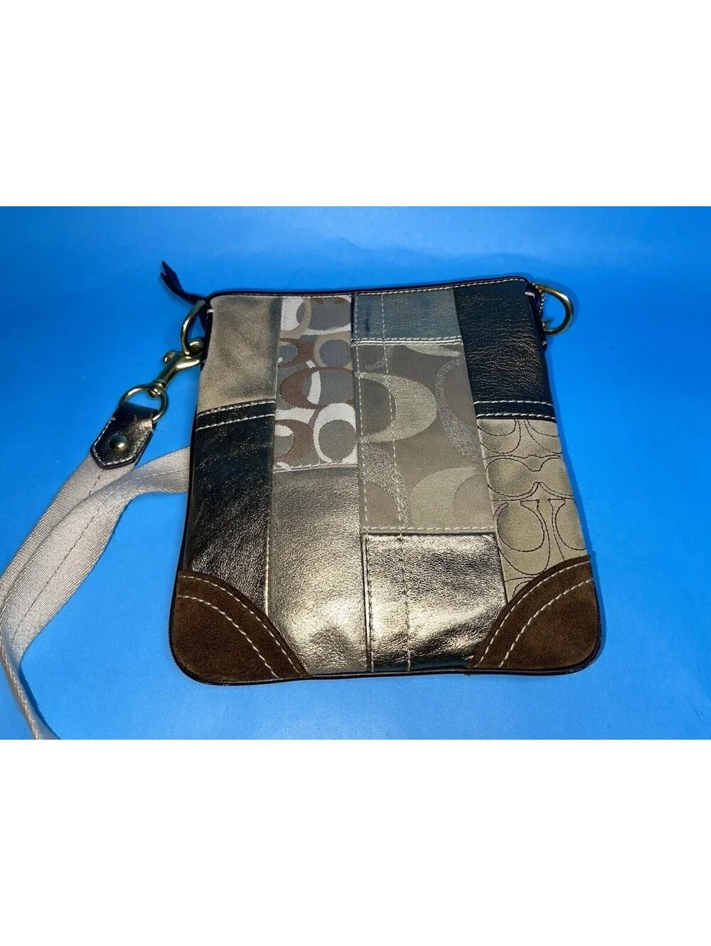 Coach Patchwork Signature Crossbody Messenger Bag Tan Brown Canvas Leather